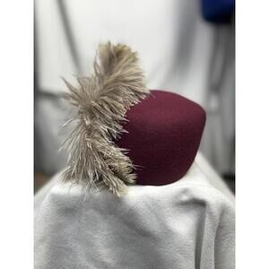 vintage burgundy pillbox hat feather trim mod 60s glam wool felt